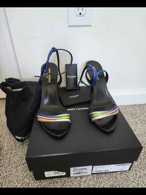 Saint Laurent Black Leather Open-Toe Heels with Multicolor Front Straps